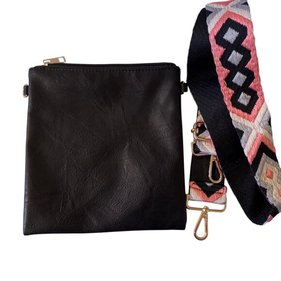 2- Ah Dorned Black Faux Leather Crossbody Bag Aztec Strap NWT - Picture 3 of 16